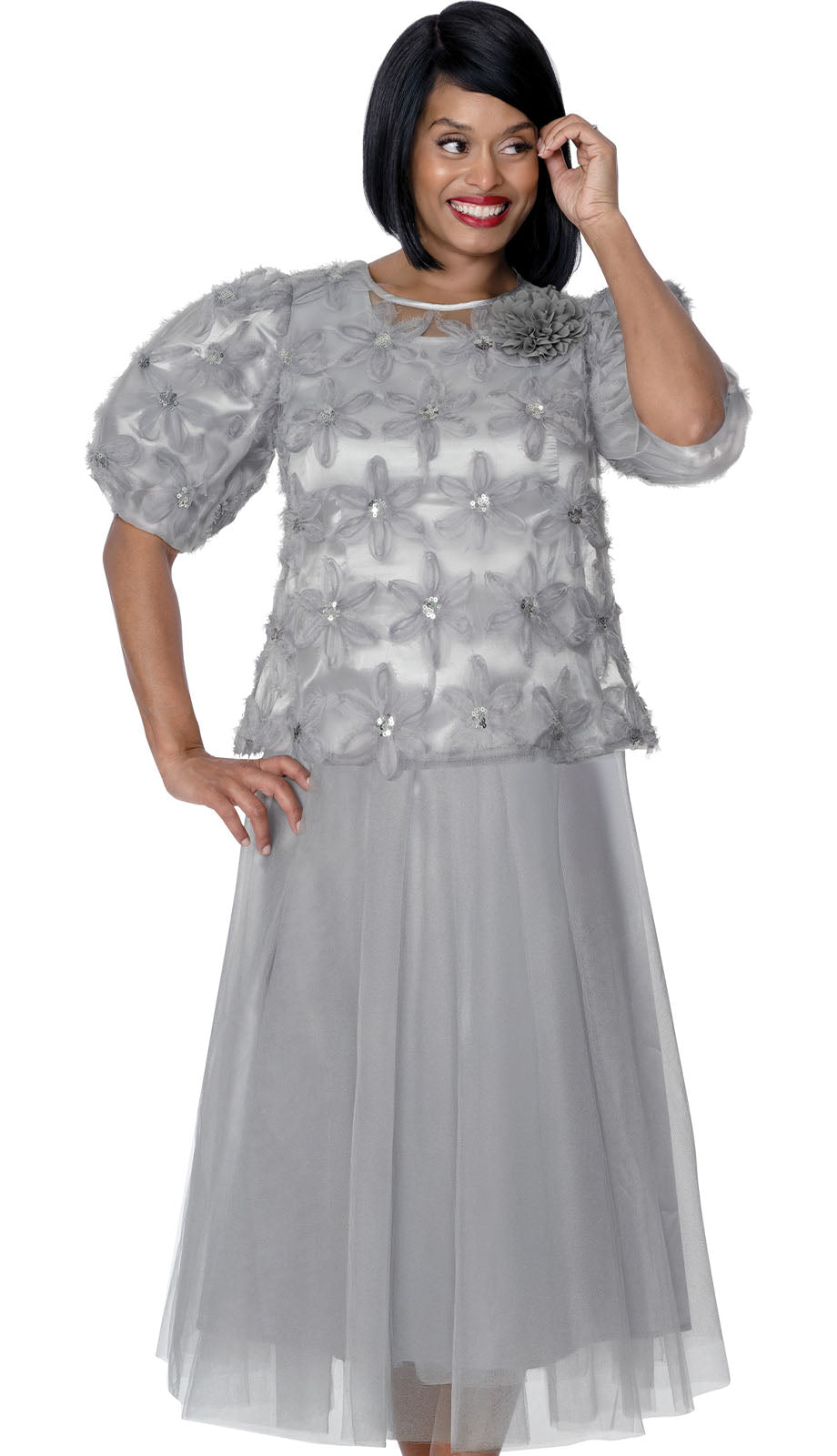 grey church dresses Stellar Looks SL601043 Dress – Church Spring 24-Q1 Chiffon Colors:Purple 314 Womens Solid Color and Carolyn Sleeveless Ornate Lace