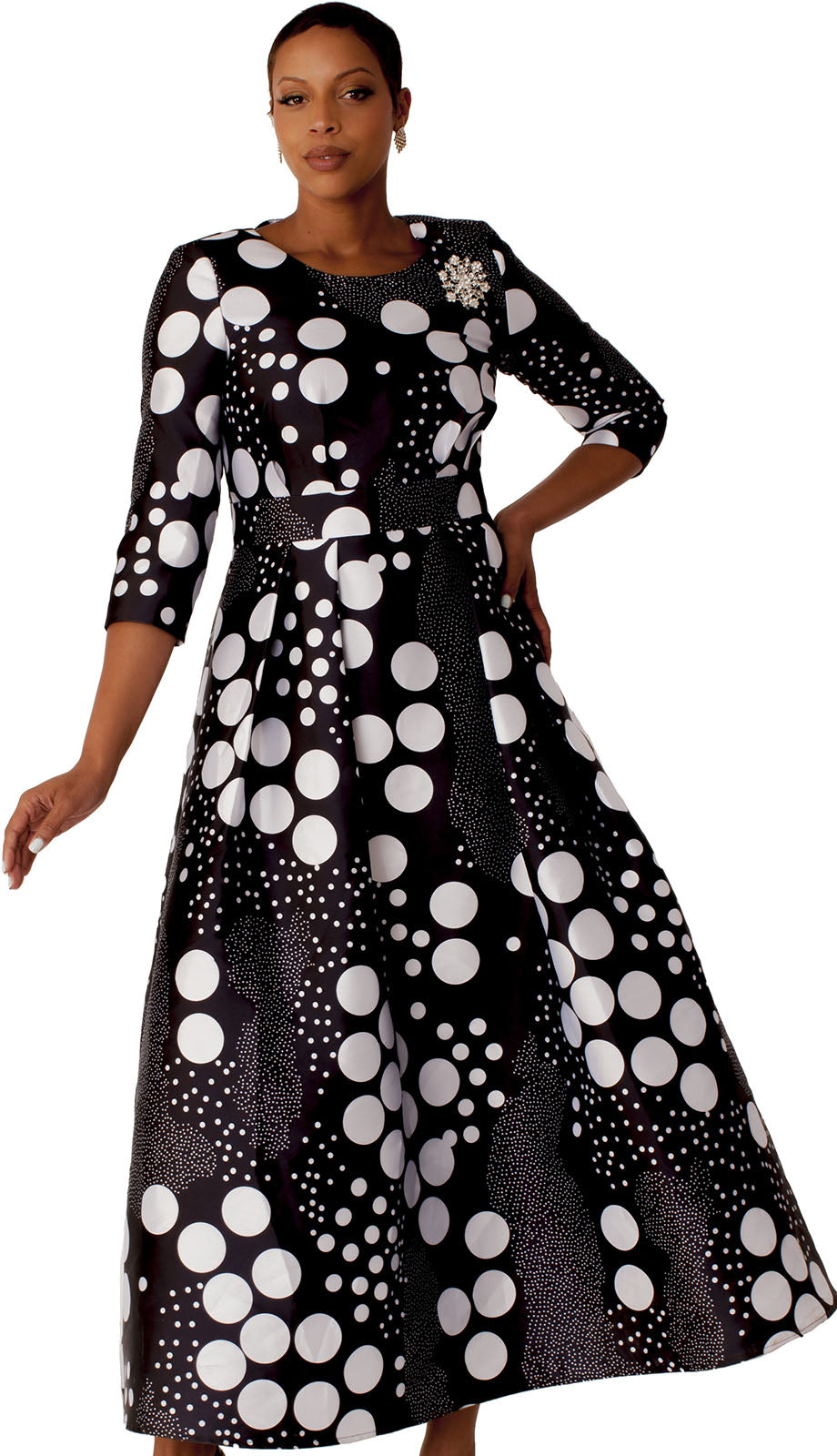 Plus Size Satin Dress with Rhinestone Brooch -4497W BLK/WHT DOTS / 18W