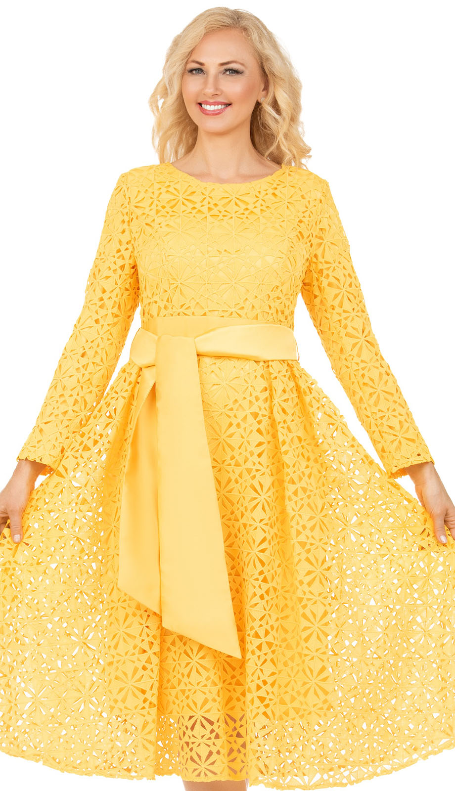 Giovanna Women's Elegant Bloom Eyelet Lace Fit & Flare Belted Dress, Yellow, 24 W