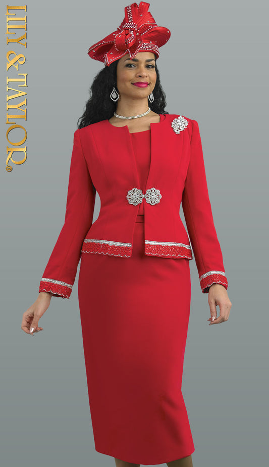 Lily And Taylor 4272-RED-QS 3pc Peachskin Womens Church Suit With Rhinestone Clasp And Brooch )
